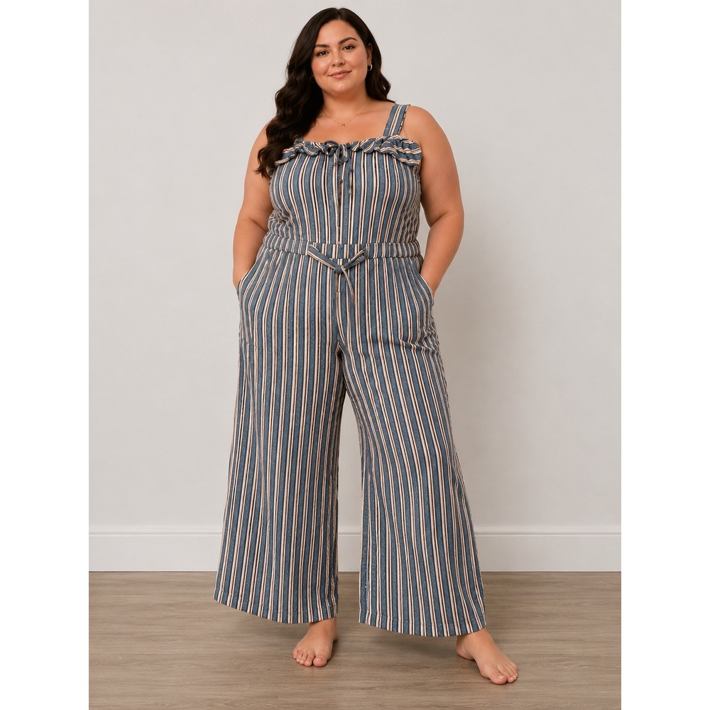 Plus Size Striped Wide Leg Jumpsuit Romper Ruffle Tie Front 3X